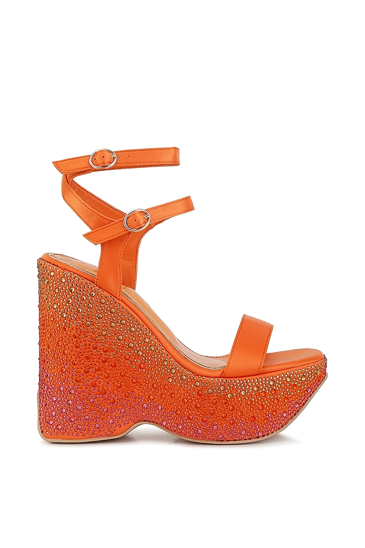 Orange Satin Rhinestone Embellished Chunky Wedge Heels by London Rag