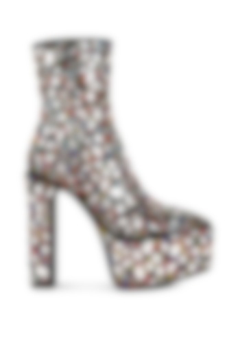 Black Microfiber Mirror & Rhinestone Embellished High Ankle Boots by London Rag at Pernia's Pop Up Shop