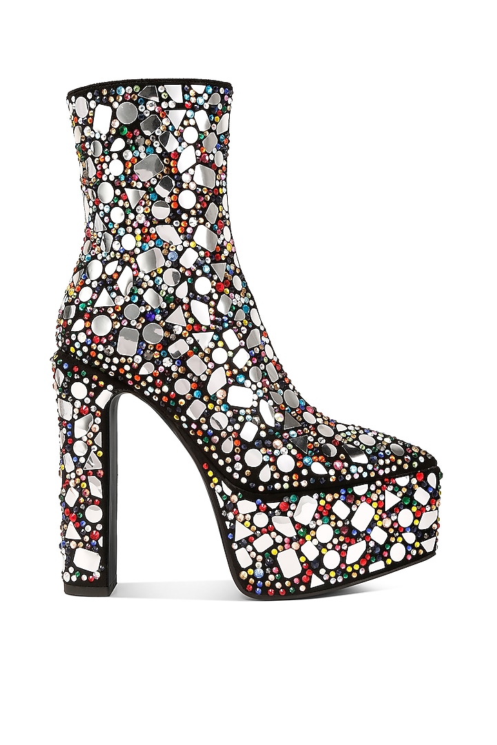 Black Microfiber Mirror & Rhinestone Embellished High Ankle Boots by London Rag at Pernia's Pop Up Shop