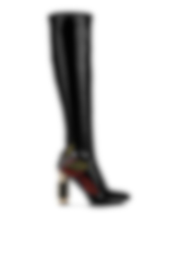 Black Soft Patent PU Rhinestone Embellished Calf Length Boots by London Rag at Pernia's Pop Up Shop