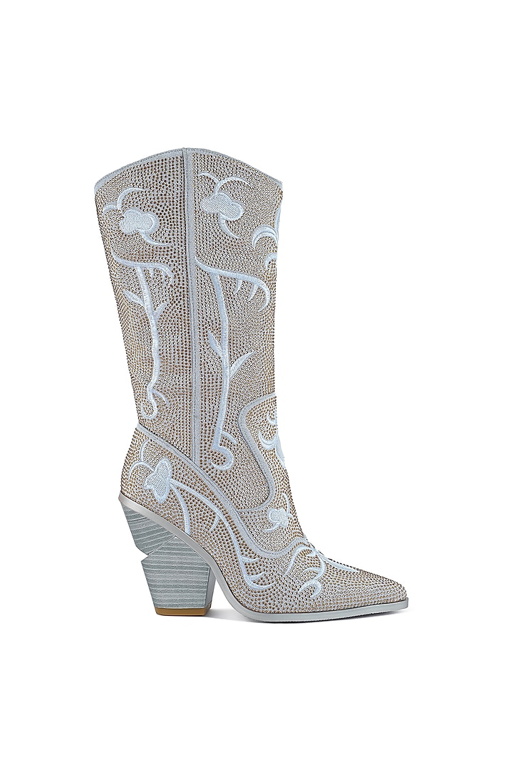 Silver Shimmer Microfiber Embroidered Calf Length Boots by London Rag