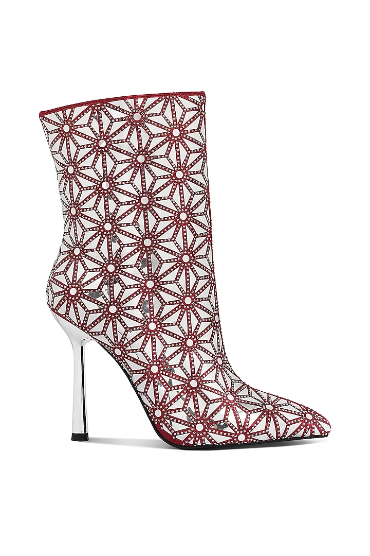 Red Shimmer Microfiber Mirror Embellished High Ankle Boots by London Rag