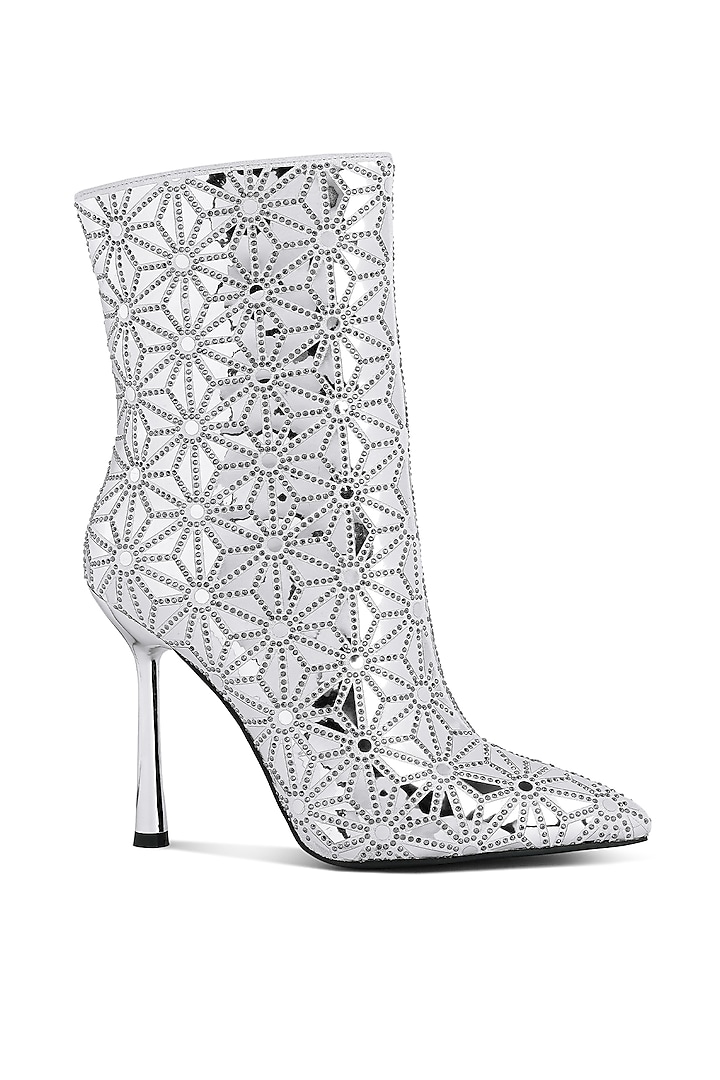 White Shimmer Microfiber Mirror Embellished High Ankle Boots by London Rag