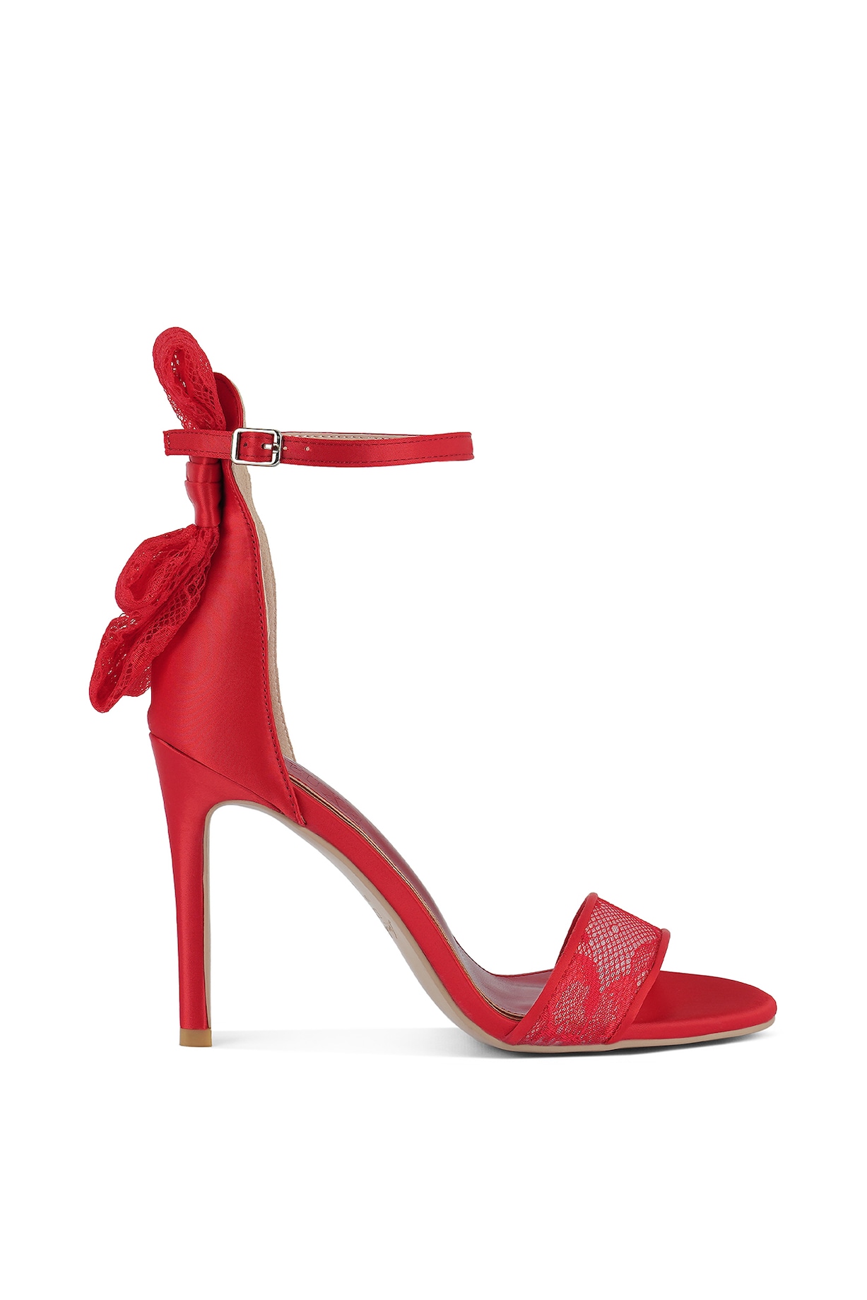 Red Lace Bow Embellished Stiletto Heels by London Rag at Pernia's