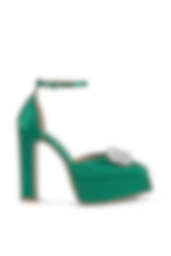 Green Satin Pearl Embellished Platform Heels by London Rag