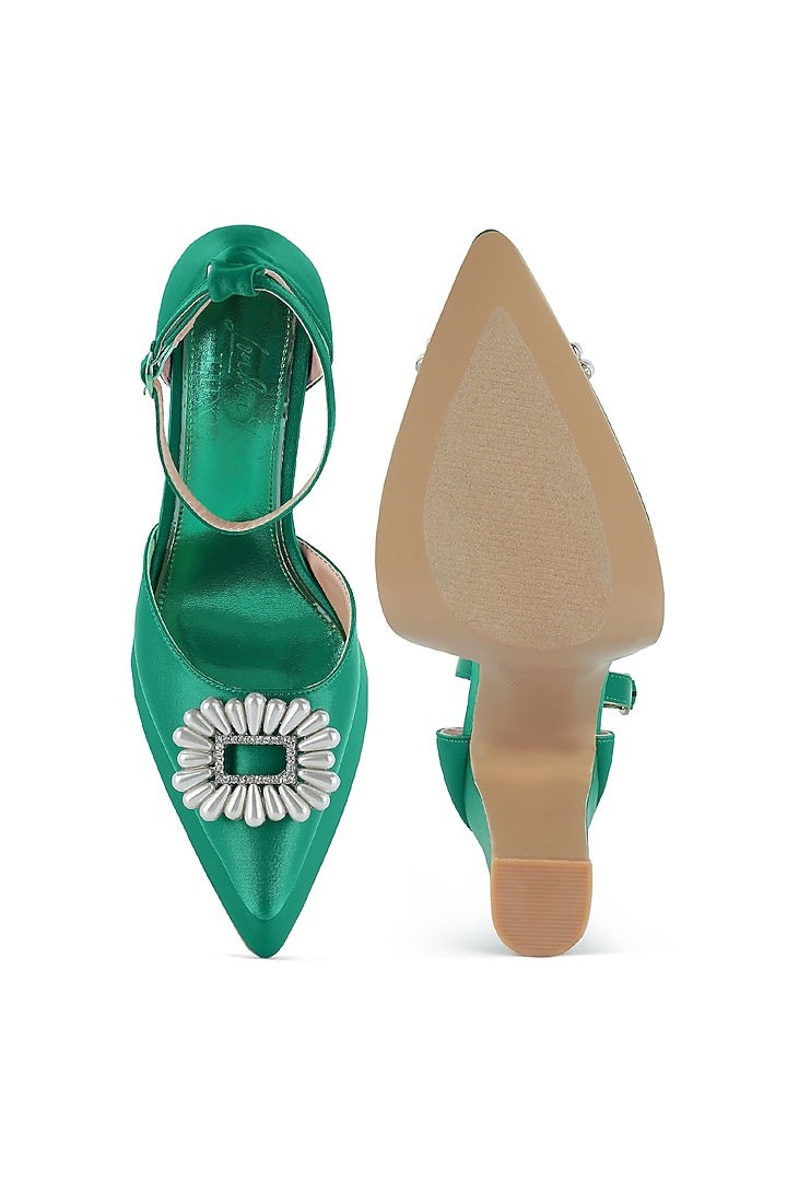 Green Satin Pearl Embellished Platform Heels by London Rag at Pernia's Pop Up Shop