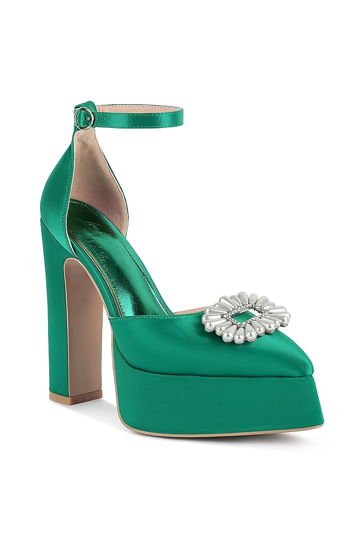 Green Satin Pearl Embellished Platform Heels by London Rag at Pernia's Pop Up Shop