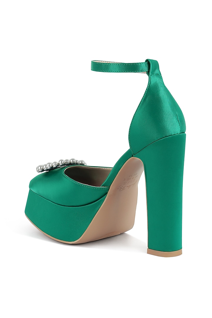 Green Satin Pearl Embellished Platform Heels by London Rag at Pernia's Pop Up Shop