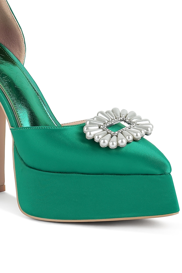 Green Satin Pearl Embellished Platform Heels by London Rag at Pernia's Pop Up Shop