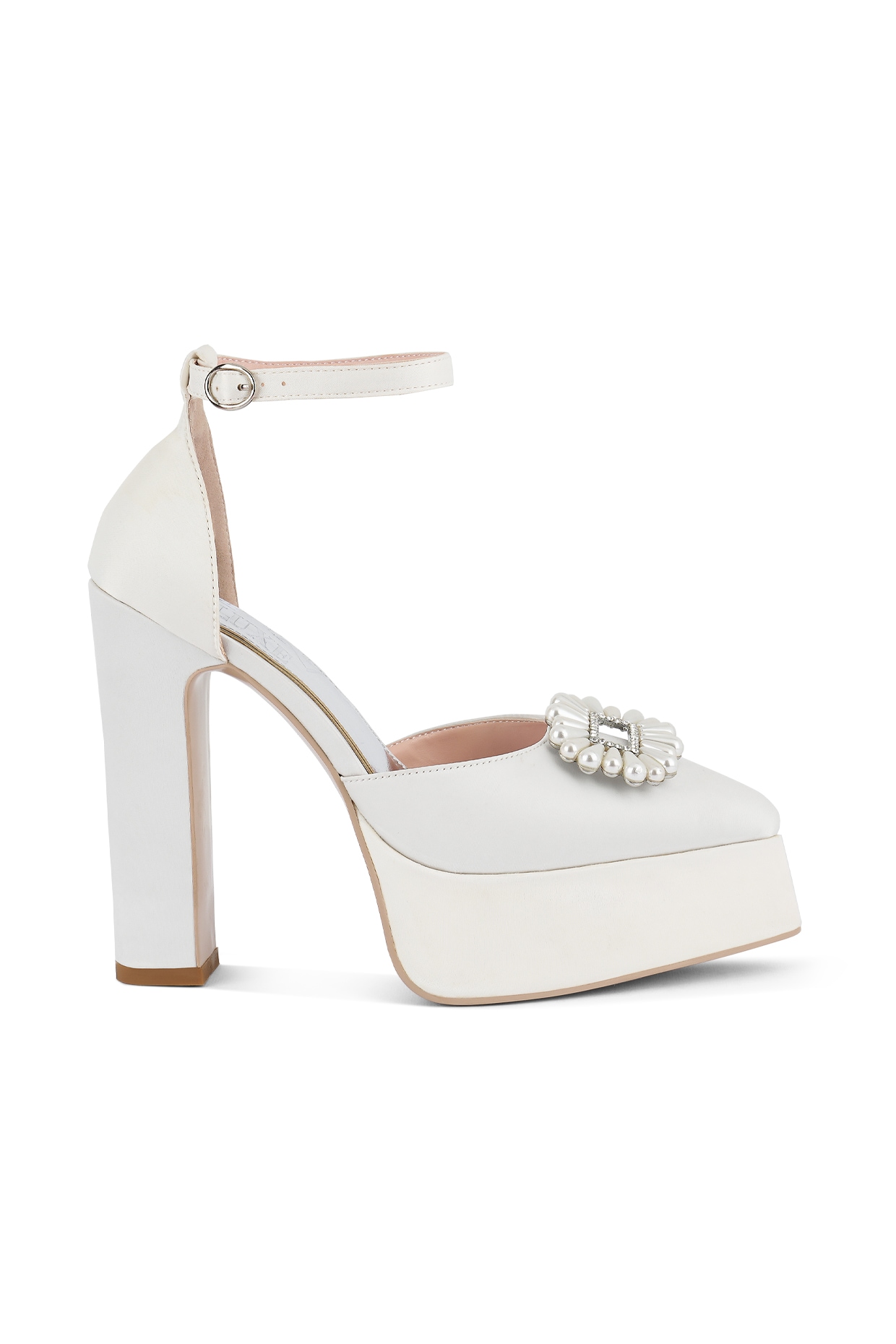 White Satin Pearl Embellished Platform Heels Design by London Rag