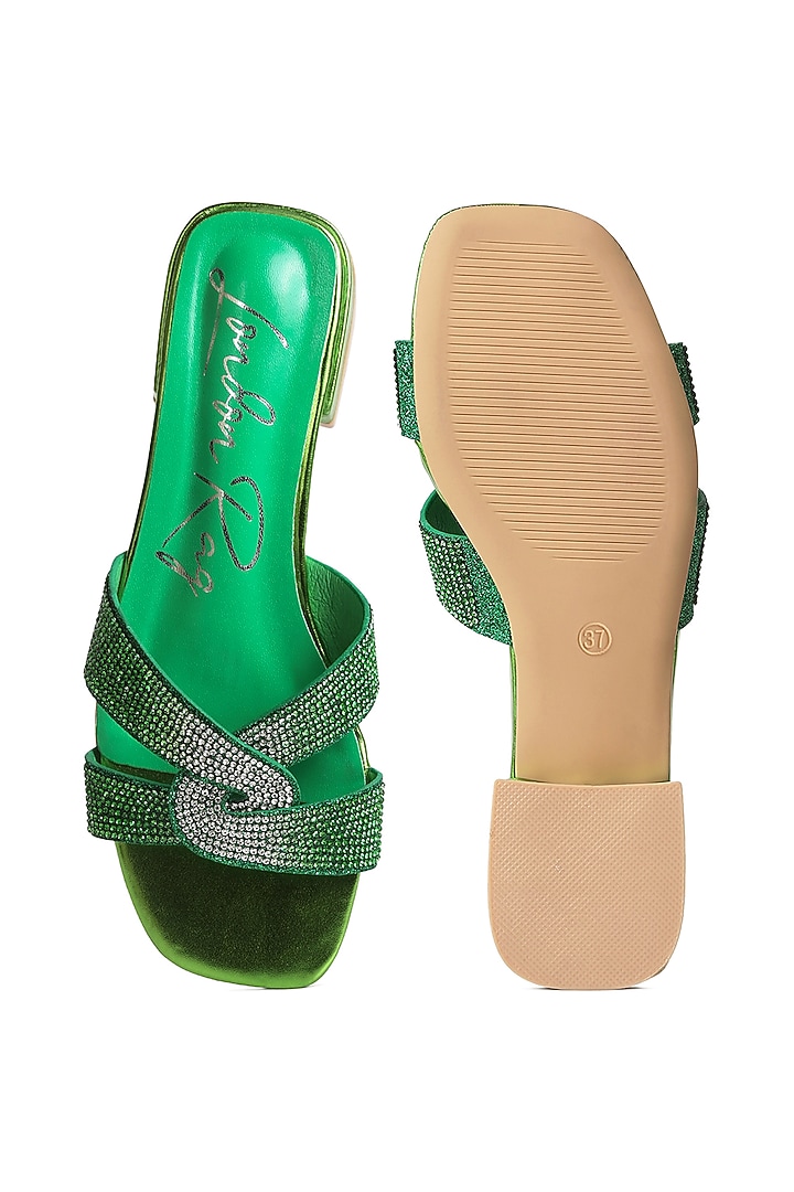 Green Metallic PU Rhinestone Embellished Flats by London Rag at Pernia's Pop Up Shop