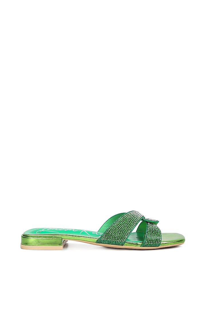 Green Metallic PU Rhinestone Embellished Flats by London Rag at Pernia's Pop Up Shop