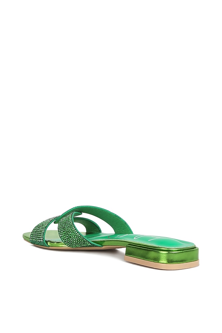 Green Metallic PU Rhinestone Embellished Flats by London Rag at Pernia's Pop Up Shop
