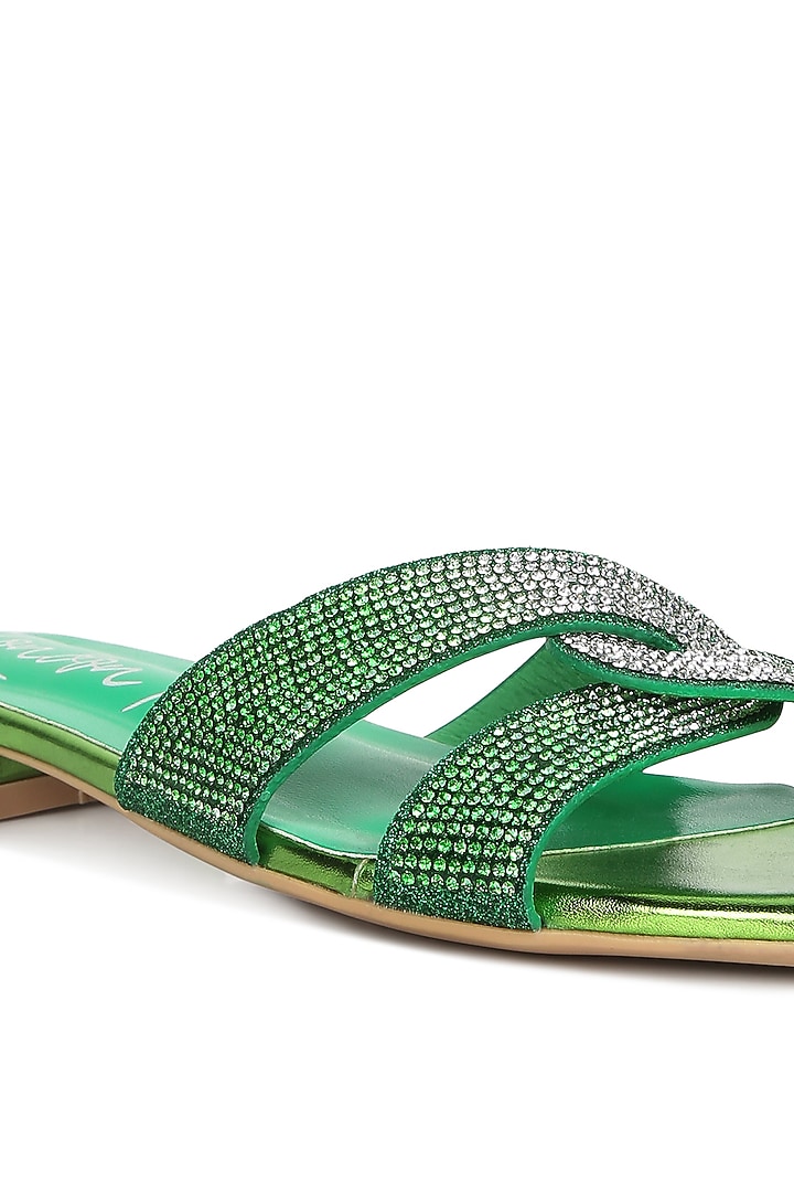 Green Metallic PU Rhinestone Embellished Flats by London Rag at Pernia's Pop Up Shop