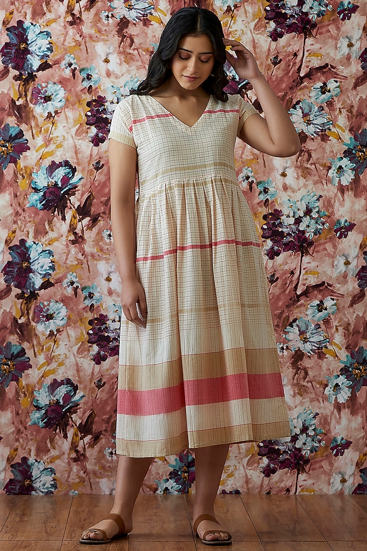 Beige Handwoven A-Line Dress by Lokatita at Pernia's Pop Up Shop