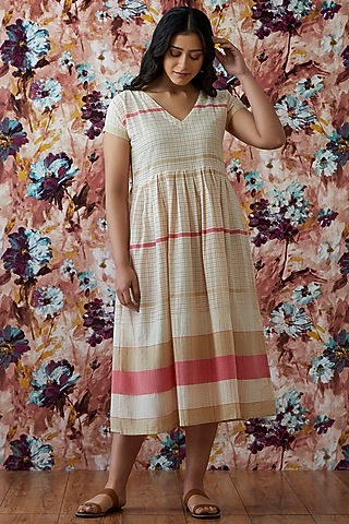Beige Handwoven A-Line Dress by Lokatita