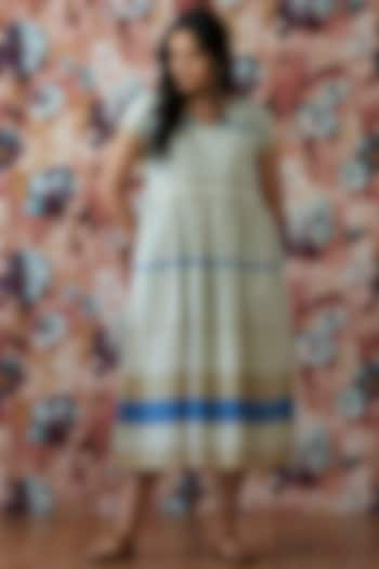 White & Blue Handwoven A-Line Dress by Lokatita at Pernia's Pop Up Shop