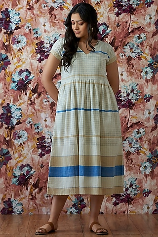 White & Blue Handwoven A-Line Dress by Lokatita