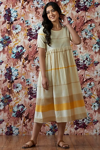 Off-White Handwoven A-Line Dress by Lokatita