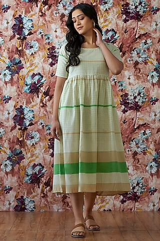 Mint Green Handwoven A-Line Dress by Lokatita