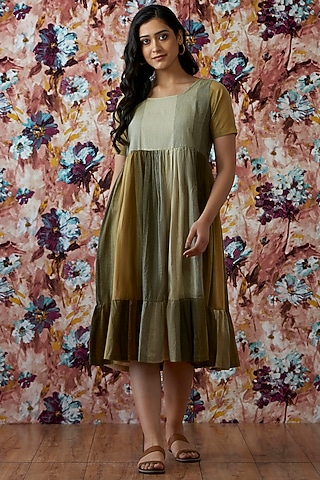 Olive Green Handwoven A-Line Dress by Lokatita