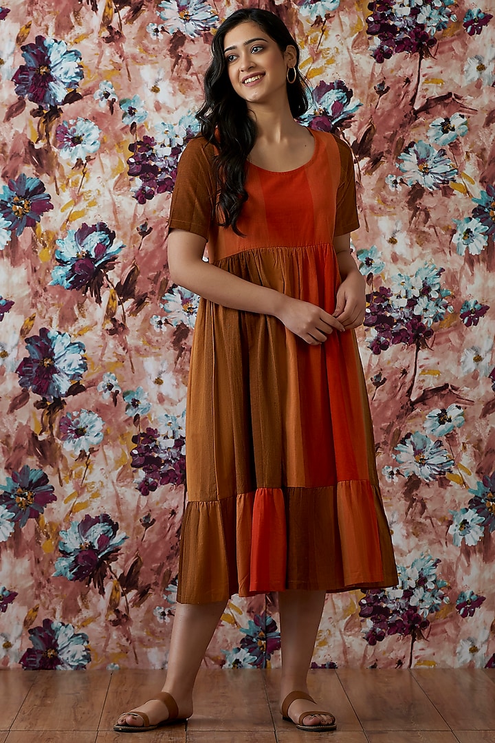 Orange & Brown Handwoven A-Line Dress by Lokatita