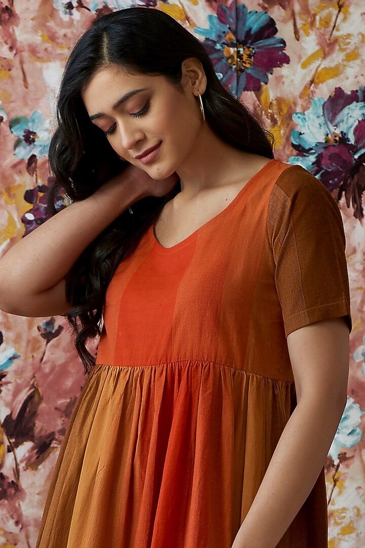 Orange & Brown Handwoven A-Line Summer Dress by Lokatita at Pernia's Pop Up Shop