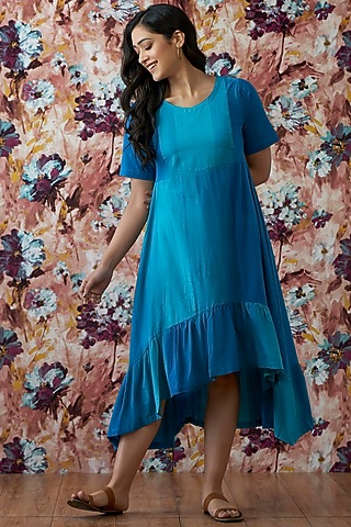 Blue Handwoven High-Low A-Line Dress by Lokatita