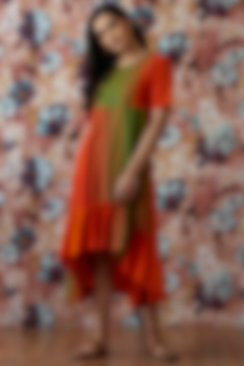 Orange & Green Handwoven High-Low A-Line Dress by Lokatita at Pernia's Pop Up Shop