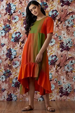 Orange & Green Handwoven High-Low A-Line Dress by Lokatita
