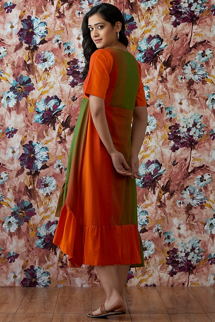 Orange & Green Handwoven High-Low A-Line Summer Dress by Lokatita at Pernia's Pop Up Shop