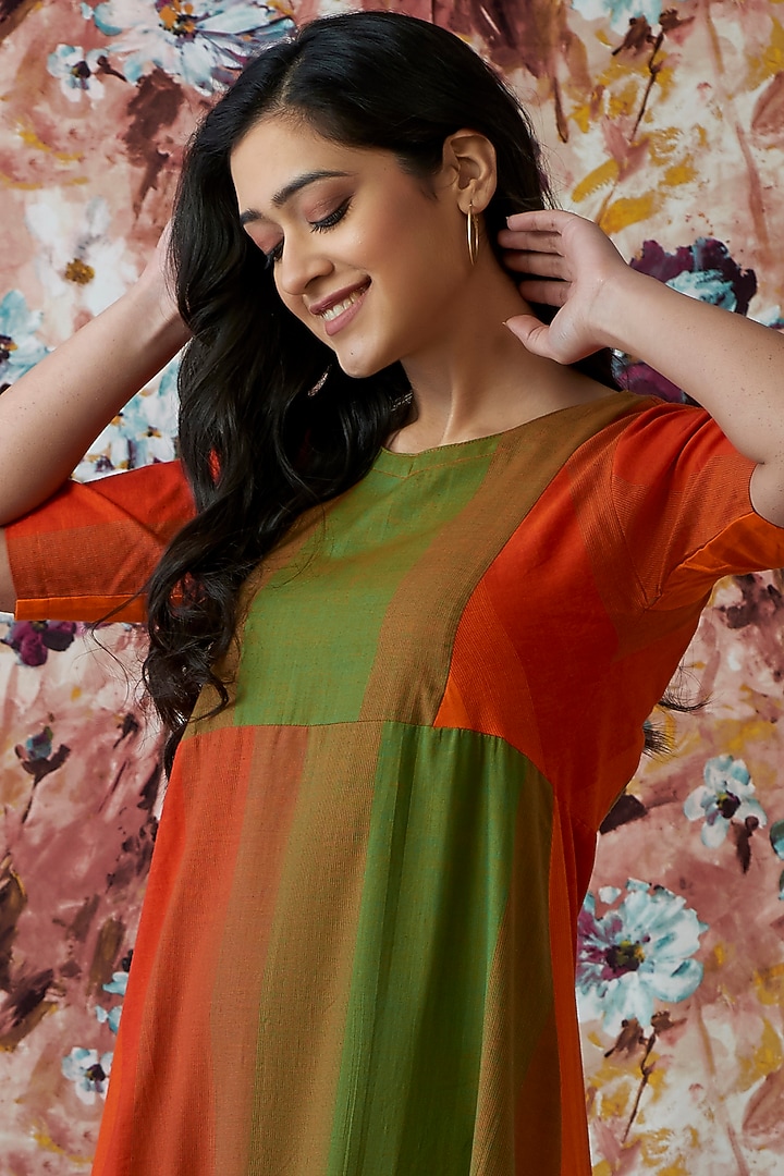 Orange & Green Handwoven High-Low A-Line Summer Dress by Lokatita at Pernia's Pop Up Shop
