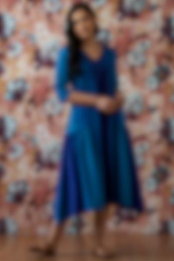 Blue Handwoven Paneled A-Line Dress by Lokatita at Pernia's Pop Up Shop