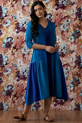 Blue Handwoven Paneled A-Line Dress by Lokatita