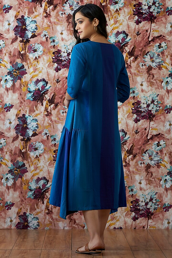Blue Handwoven Paneled A-Line Summer Dress by Lokatita at Pernia's Pop Up Shop