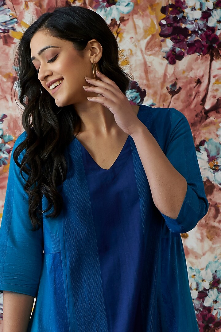 Blue Handwoven Paneled A-Line Summer Dress by Lokatita at Pernia's Pop Up Shop