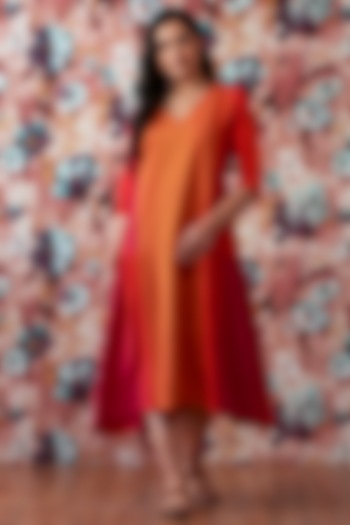 Red & Orange Handwoven Paneled A-Line Dress by Lokatita at Pernia's Pop Up Shop