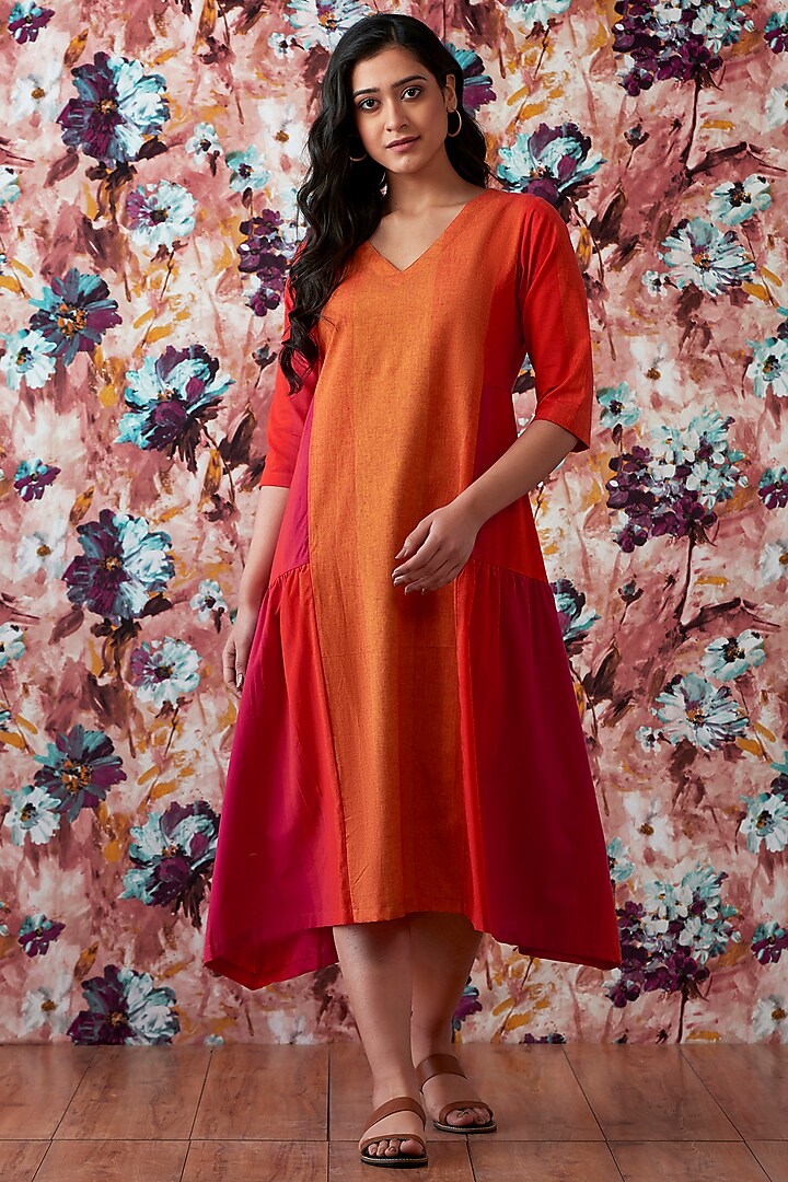 Red & Orange Handwoven Paneled A-Line Dress by Lokatita