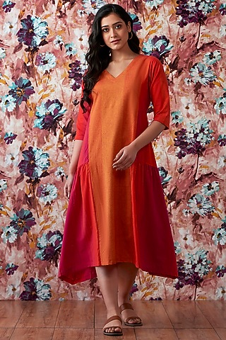 Red & Orange Handwoven Paneled A-Line Dress by Lokatita