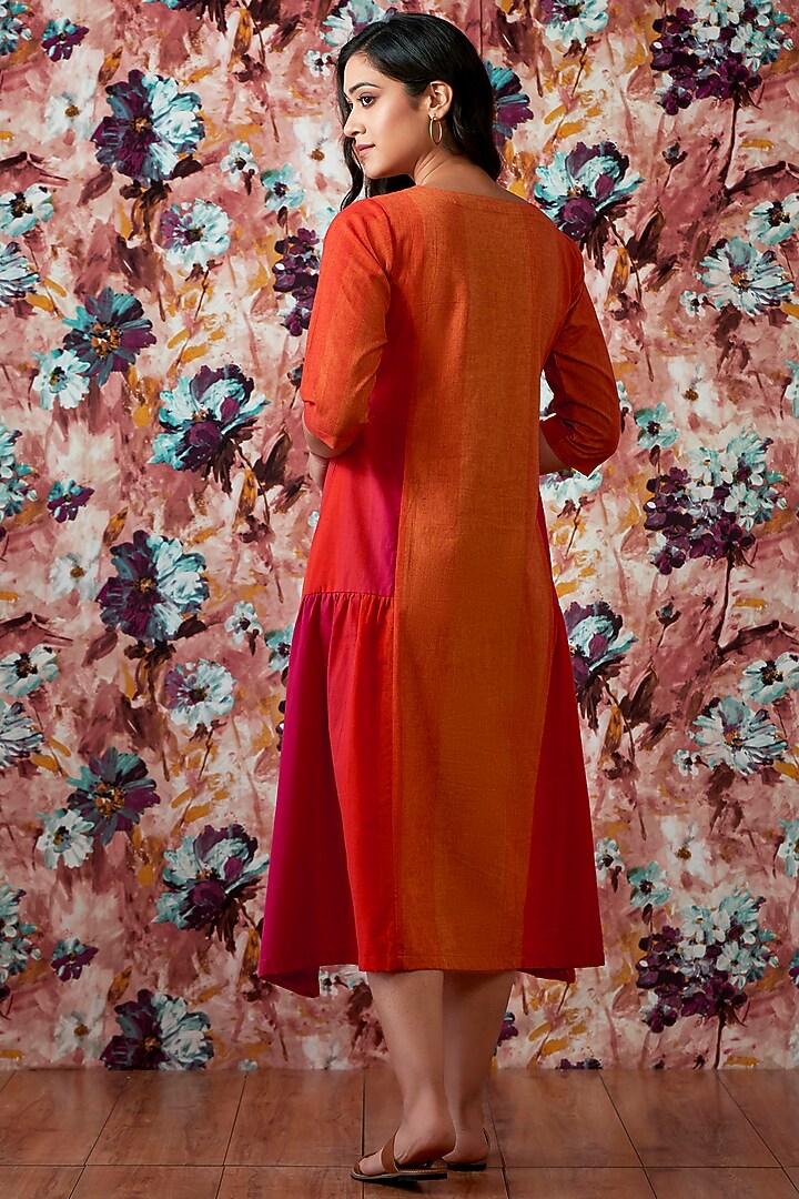 Red & Orange Handwoven Paneled A-Line Summer Dress by Lokatita at Pernia's Pop Up Shop