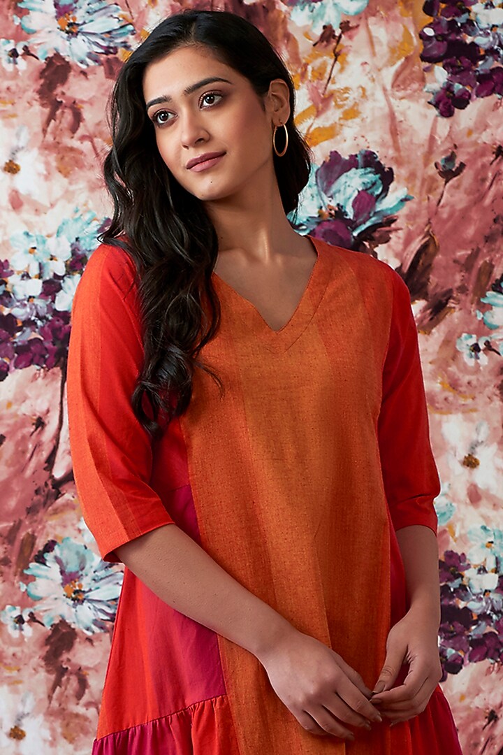 Red & Orange Handwoven Paneled A-Line Summer Dress by Lokatita at Pernia's Pop Up Shop
