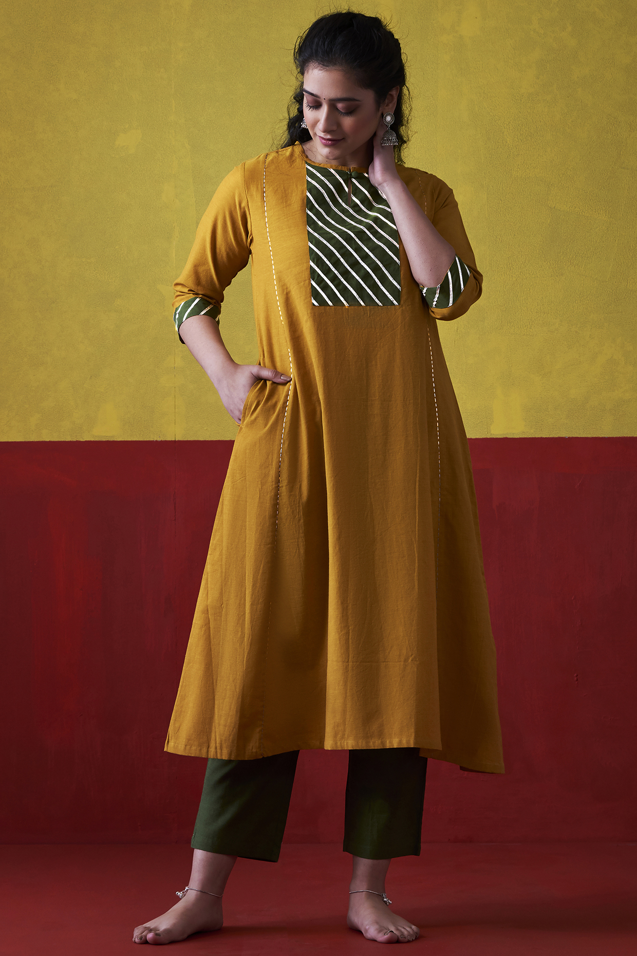 Mustard & Emerald Green Hand Embroidered A-Line Kurta Set by Lokatita at Pernia's Pop Up Shop