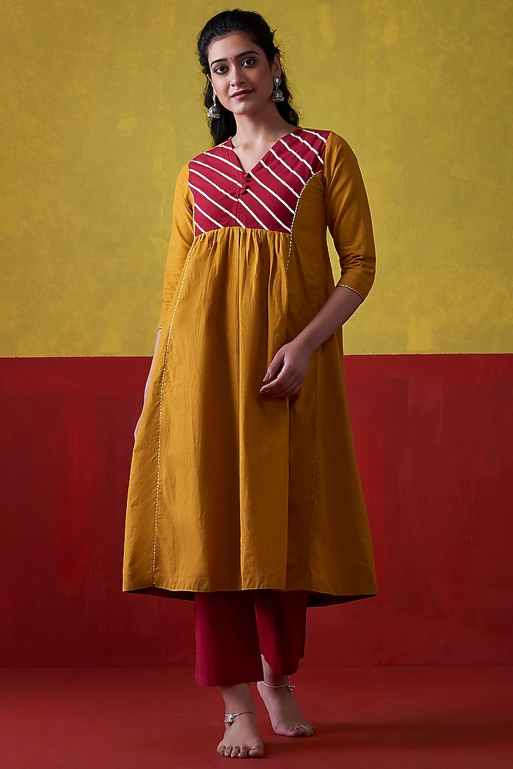 Mustard & Maroon Hand Embroidered A-Line Kurta Set by Lokatita