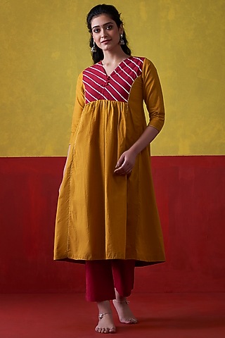 Mustard & Maroon Hand Embroidered A-Line Kurta Set by Lokatita
