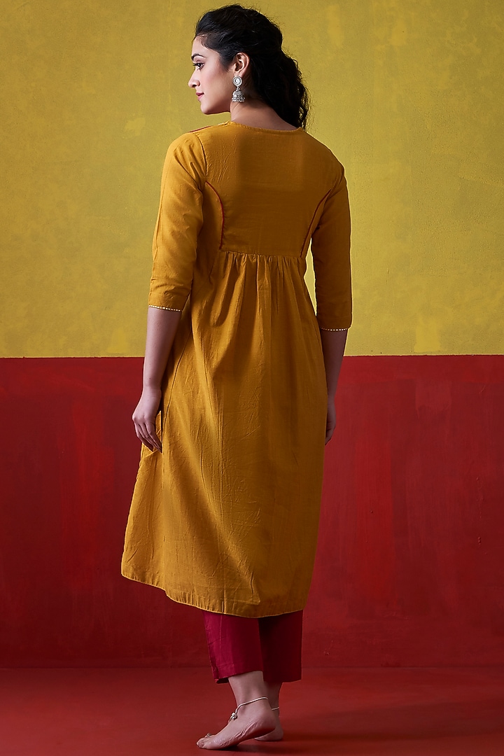 Mustard & Maroon Hand Embroidered A-Line Kurta Set by Lokatita at Pernia's Pop Up Shop