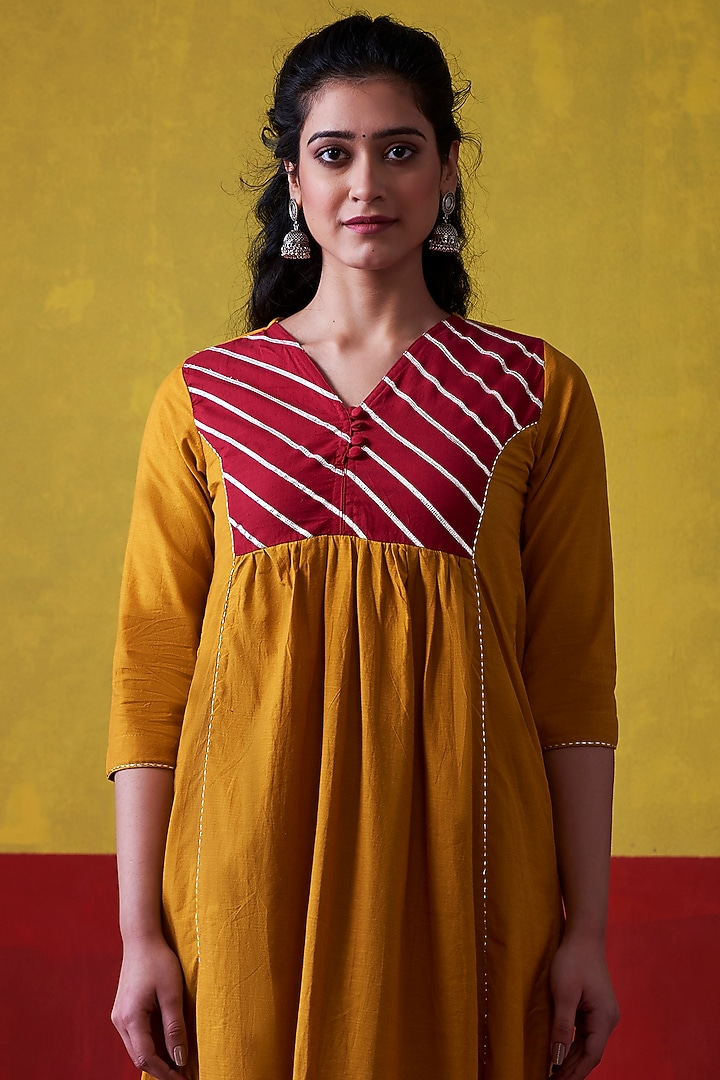 Mustard & Maroon Hand Embroidered A-Line Kurta Set by Lokatita at Pernia's Pop Up Shop