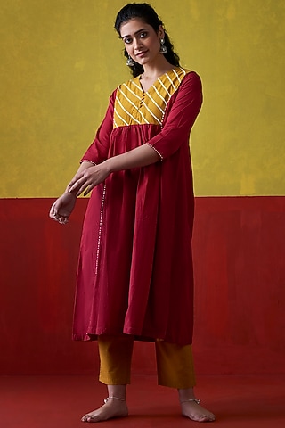 Maroon & Mustard Hand Embroidered A-Line Kurta Set by Lokatita