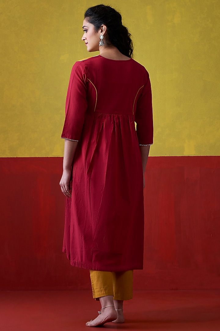 Maroon & Mustard Hand Embroidered A-Line Kurta Set by Lokatita at Pernia's Pop Up Shop