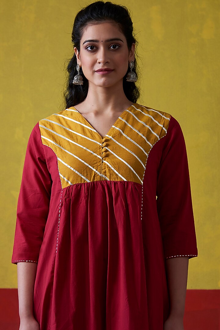 Maroon & Mustard Hand Embroidered A-Line Kurta Set by Lokatita at Pernia's Pop Up Shop