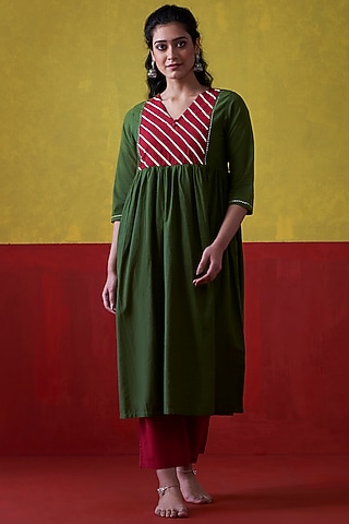Emerald Green & Maroon Hand Embroidered A-Line Kurta Set by Lokatita